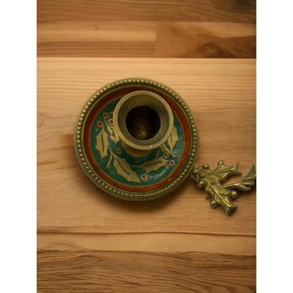 Vintage Enameled Brass Candle Holder With Holly Berry Made in India - Picture 3 of 3